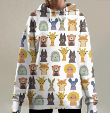 Разнообразные плоские мультяшные милые детские мордочки животных, Hoodie Long Oversize 3D