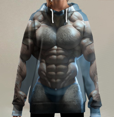 Мощный мускулистый медведь бодибилдер в плавках, Hoodie Long Oversize 3D