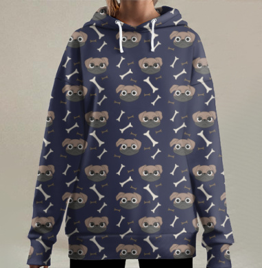 Милые мопсы и косточки на тёмно синем фоне, Hoodie Long Oversize 3D