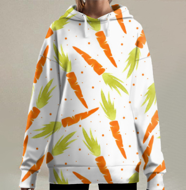 Яркий узор с морковками и оранжевыми точками, Hoodie Long Oversize 3D