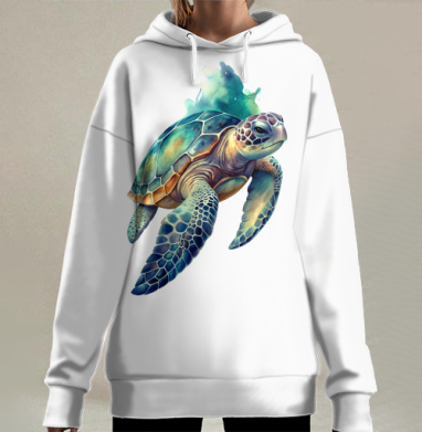 Бирюзовая морская черепаха грациозно плывет в глубине океана, Hoodie Long Oversize 3D