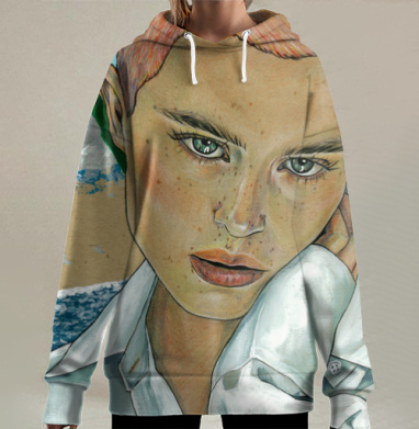 Портрет девушки с задумчивым взглядом и рыжими волосами, Hoodie Long Oversize 3D