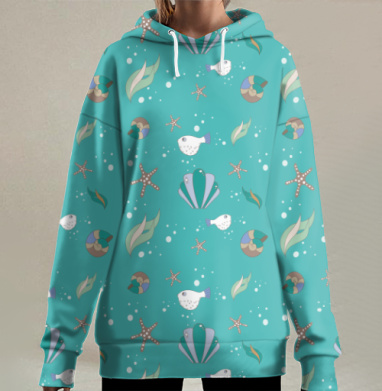 Морские звезды ракушки бирюзовый спокойный узор, Hoodie Long Oversize 3D