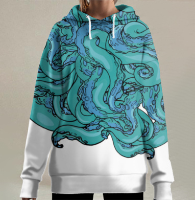 Динамичные синие щупальца осьминога, Hoodie Long Oversize 3D