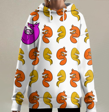 Розовая лиса показывает язык с оранжевыми желтыми лисами и птицами, Hoodie Long Oversize 3D