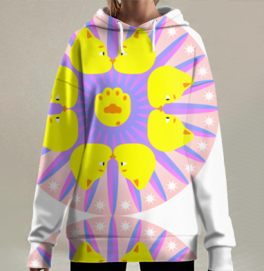Желтые котики круговая композиция розовом фоне, Hoodie Long Oversize 3D