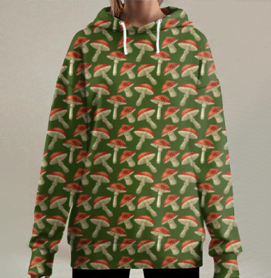 Красные мухоморы на зеленом фоне для уютных моментов, Hoodie Long Oversize 3D