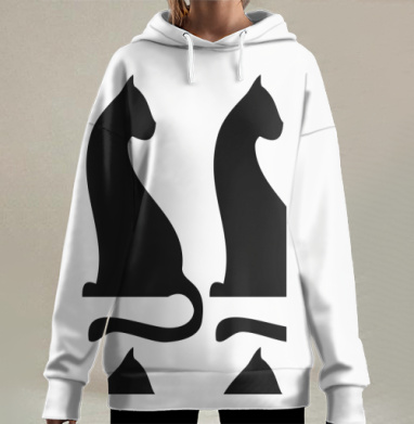Черный силуэт стильного кота для декора, Hoodie Long Oversize 3D