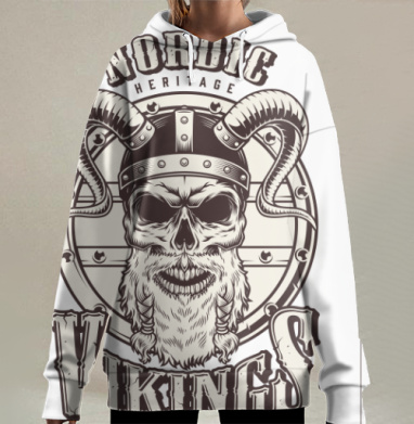 Череп викингов с бородой на щите череп викингов с бородой, Hoodie Long Oversize 3D