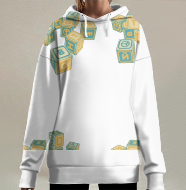 Желтые кубики с буквами на сером фоне играют вместе, Hoodie Long Oversize 3D