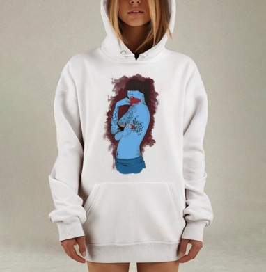 Неоновый нуар синяя девушка наносит татуировку сама Never Again Никогда, Hoodie Mjhigh Dig, оверсайз, утепленная