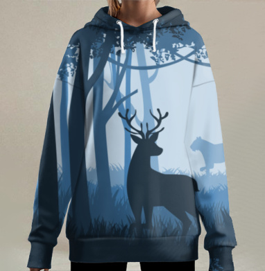Синий лес олень и волк в ночном воздухе, Hoodie Long Oversize 3D