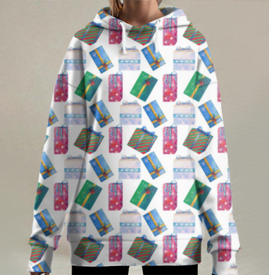 Праздничные яркие подарки с лентами и бантами настроение тепла и уюта, Hoodie Long Oversize 3D