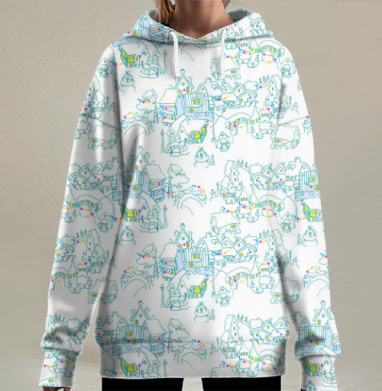 Старые дома с рождественскими огнями и снежинками на белом фоне, Hoodie Long Oversize 3D