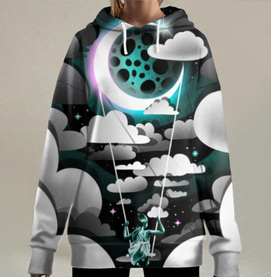 Девушка на качелях в небе на полумесяце, Hoodie Long Oversize 3D