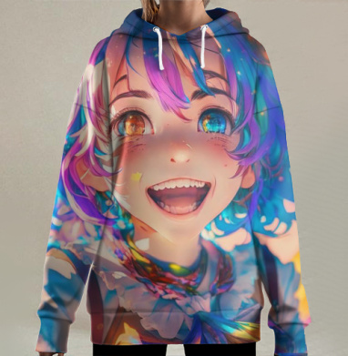 Яркая девочка с разноцветными глазами счастливой улыбкой, Hoodie Long Oversize 3D