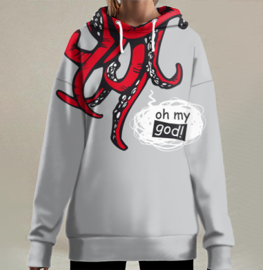 Красные щупальца осьминога мультяшный стиль oh my god, Hoodie Long Oversize 3D