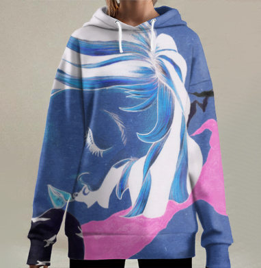 Нежный поцелуй девушки с синей птицей, Hoodie Long Oversize 3D
