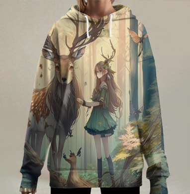 Девочка встречает волшебного оленя в сказочном лесу, Hoodie Long Oversize 3D