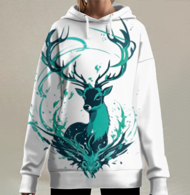 Величественный олень и мистический орел бирюзово синий светящийся, Hoodie Long Oversize 3D
