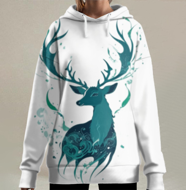 Мистический синий олень с рогами и абстрактными волнами, Hoodie Long Oversize 3D