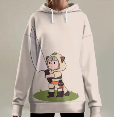 Милый персонаж с большим ножом и зелёной травой на фоне, Hoodie Long Oversize 3D