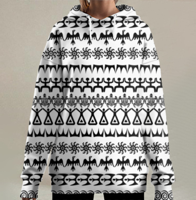 Черно белый этнический узор с символами природы и людей на фоне, Hoodie Long Oversize 3D