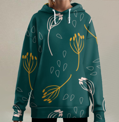 Растительный узор с растущими ветвями мистический стиль, Hoodie Long Oversize 3D