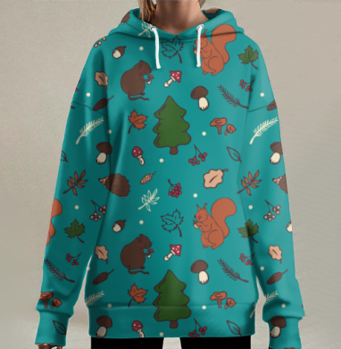 Осенний паттерн с лесными животными и листьями, Hoodie Long Oversize 3D