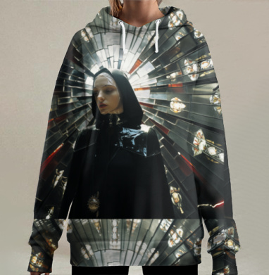 Женщина в черном плаще и светящихся лучах окружении, Hoodie Long Oversize 3D
