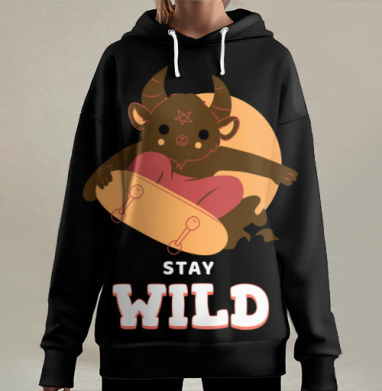 Милый Бафомет на Скейтборде с Надписью, Hoodie Long Oversize 3D