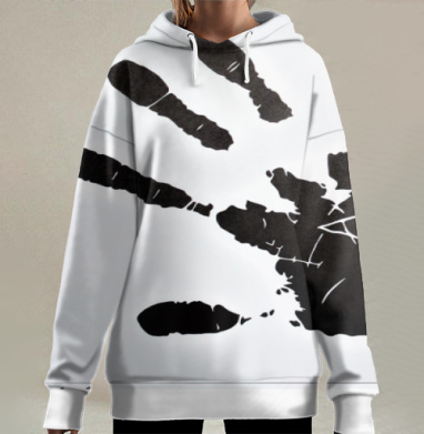 Черный отпечаток ладони с деталями уникальности на белом фоне, Hoodie Long Oversize 3D
