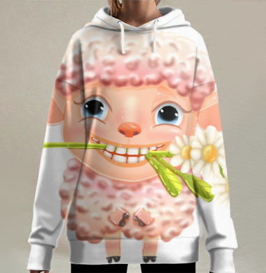 Весёлая улыбающаяся овечка с ромашками с улыбкой, Hoodie Long Oversize 3D