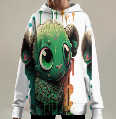 Милый зеленый барашек сидит граффити легкой игры, Hoodie Long Oversize 3D