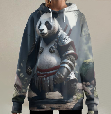 Панда в самурайской броне готовится к бою, Hoodie Long Oversize 3D