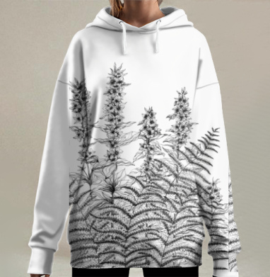 Черно белые детализированные папоротники и цветы в природе, Hoodie Long Oversize 3D