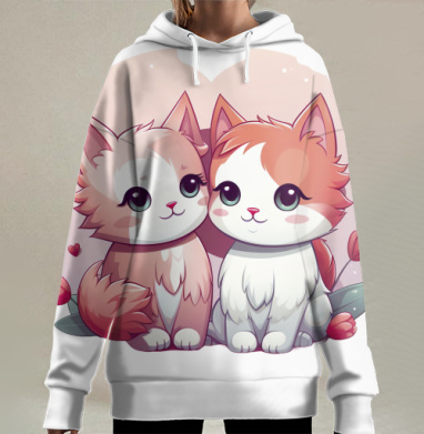 Пара нежных котов с цветами в романтической обстановке, Hoodie Long Oversize 3D