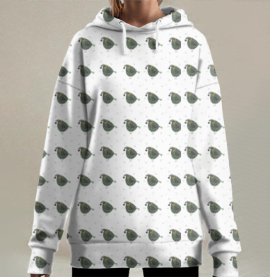 Простые зеленые птицы на белом фоне узор, Hoodie Long Oversize 3D
