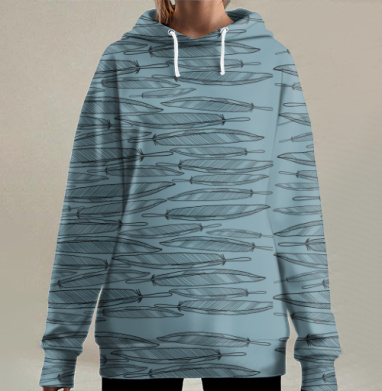 Узор мягкие перья в спокойных синих тонах, Hoodie Long Oversize 3D