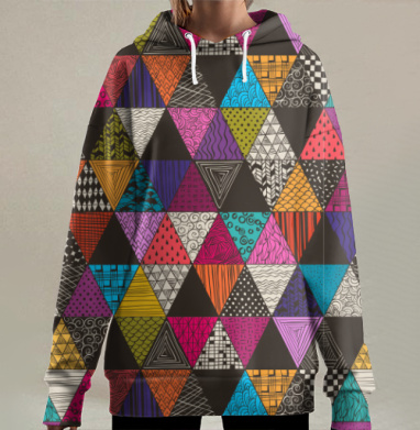 Яркий калейдоскоп пэчворк узоров, Hoodie Long Oversize 3D