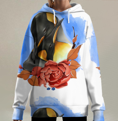 Картина с двумя нежными пингвинами и красочным цветком, Hoodie Long Oversize 3D