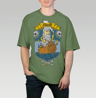 Cartoon Pirate Captain / Старый морской волк в маленькой деревянной лодке, Футболка мужская оверсайз оливковая