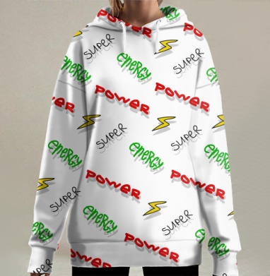 Энергичный принт с мотивационными словами SUPER POWER ENERGY, Hoodie Long Oversize 3D