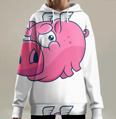 Розовая летящая свинья в светло сером фоне, Hoodie Long Oversize 3D