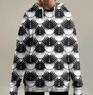 Черно Белый Графический Геометрический Узоры Синий, Hoodie Long Oversize 3D