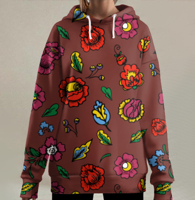 Народные Цветочные Мотивы На Темно Красном Фоне, Hoodie Long Oversize 3D