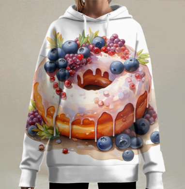 Пышный пончик с ягодной короной и розовой глазурью, Hoodie Long Oversize 3D