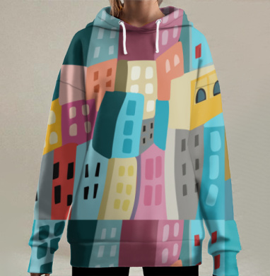 Город необычных строений с цветами в центре странствий, Hoodie Long Oversize 3D