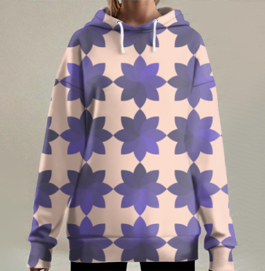 Симметричные фиолетовые цветы на персиковом фоне, Hoodie Long Oversize 3D