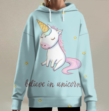 Милый единорог с рожком мороженого на голове, Hoodie Long Oversize 3D